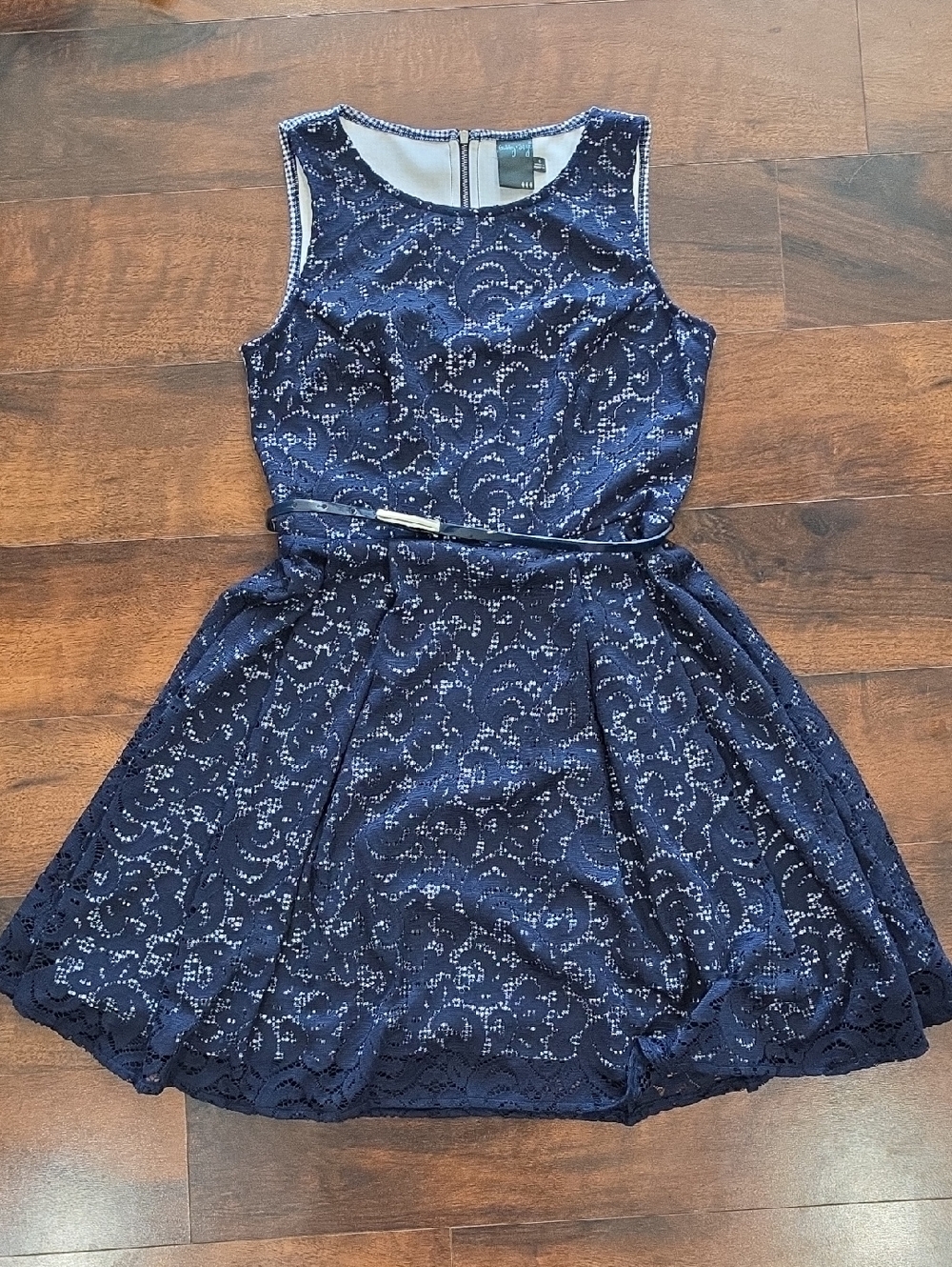Gabby Skye Navy Lace Fit-and-Flare Dress with Belt